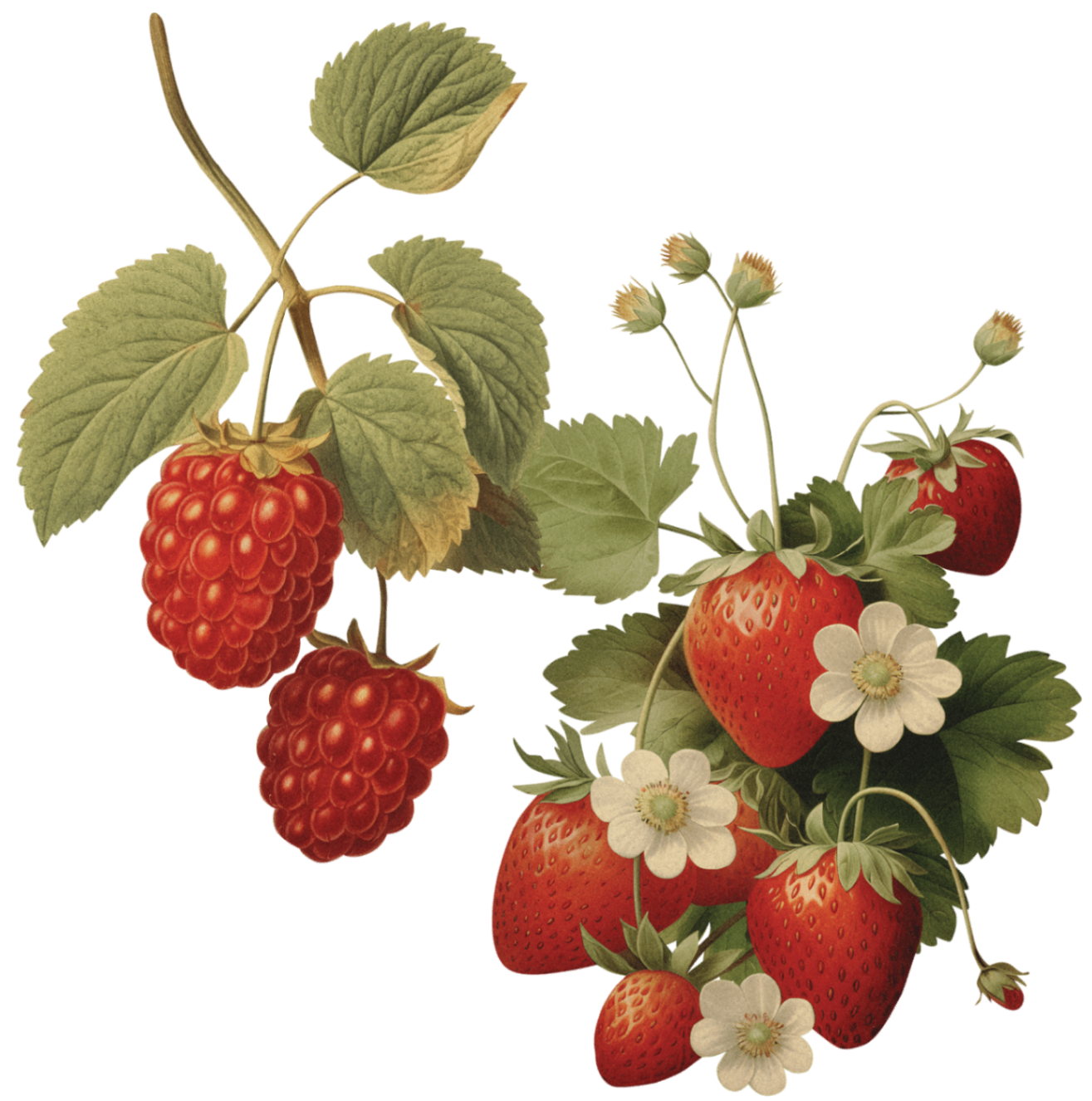 Botanical strawberry and raspberry illustration